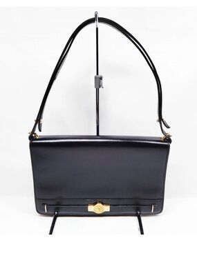 Vintage Christian Dior Black Leather Shoulder Bag Gold Made in France